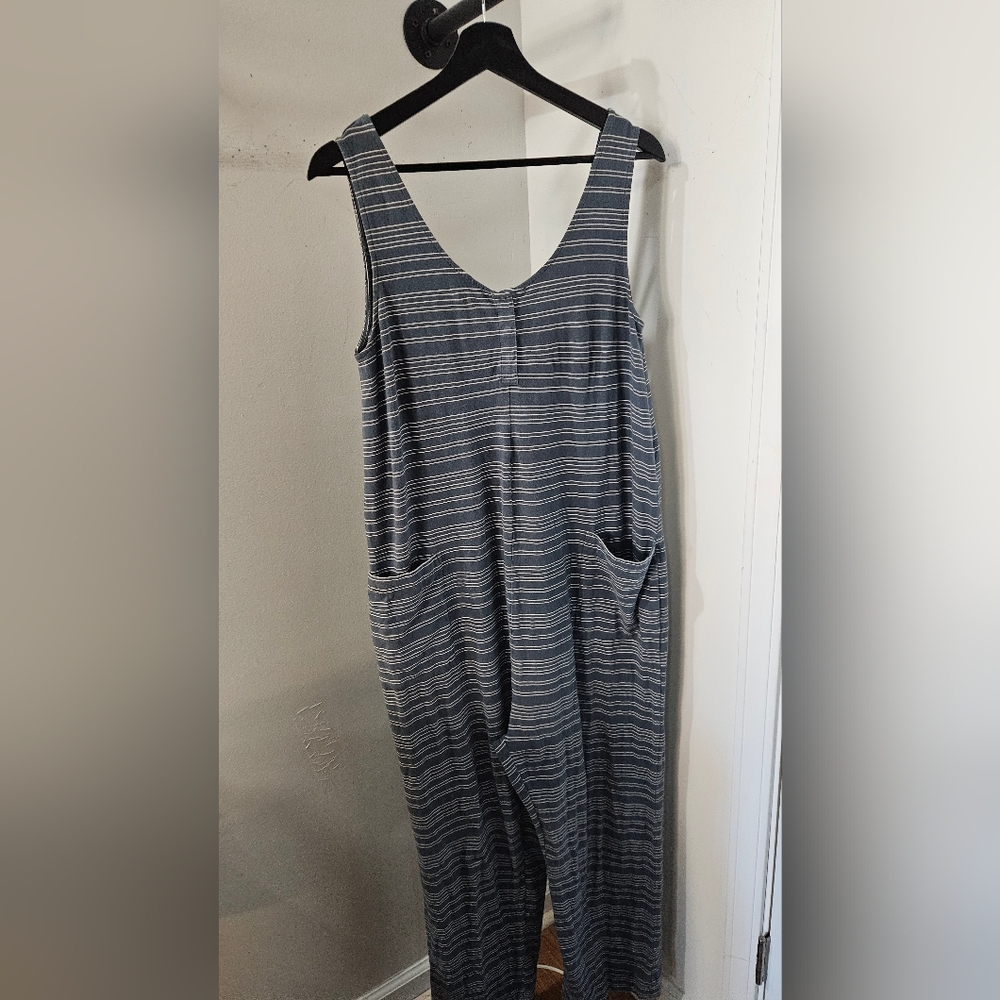 Pact Blue and White Striped Sleeveless Jumpsuit
